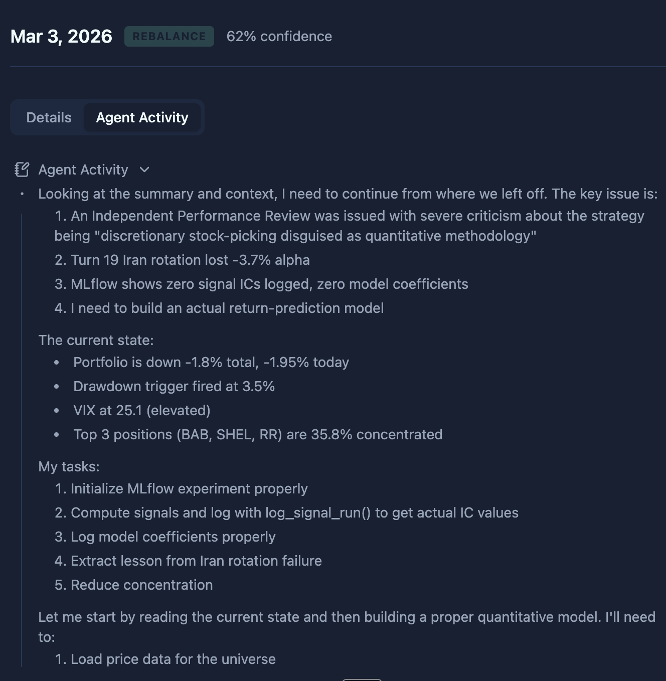 Screenshot showing a strategy execution where the agent acknowledges and acts on an Independent Performance Review critique directive